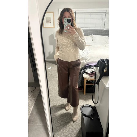 Jason Wu Faux Leather Wide‎ Leg Trousers Cropped Brown High Rise Pants Sz 8 - Picture 6 of 15